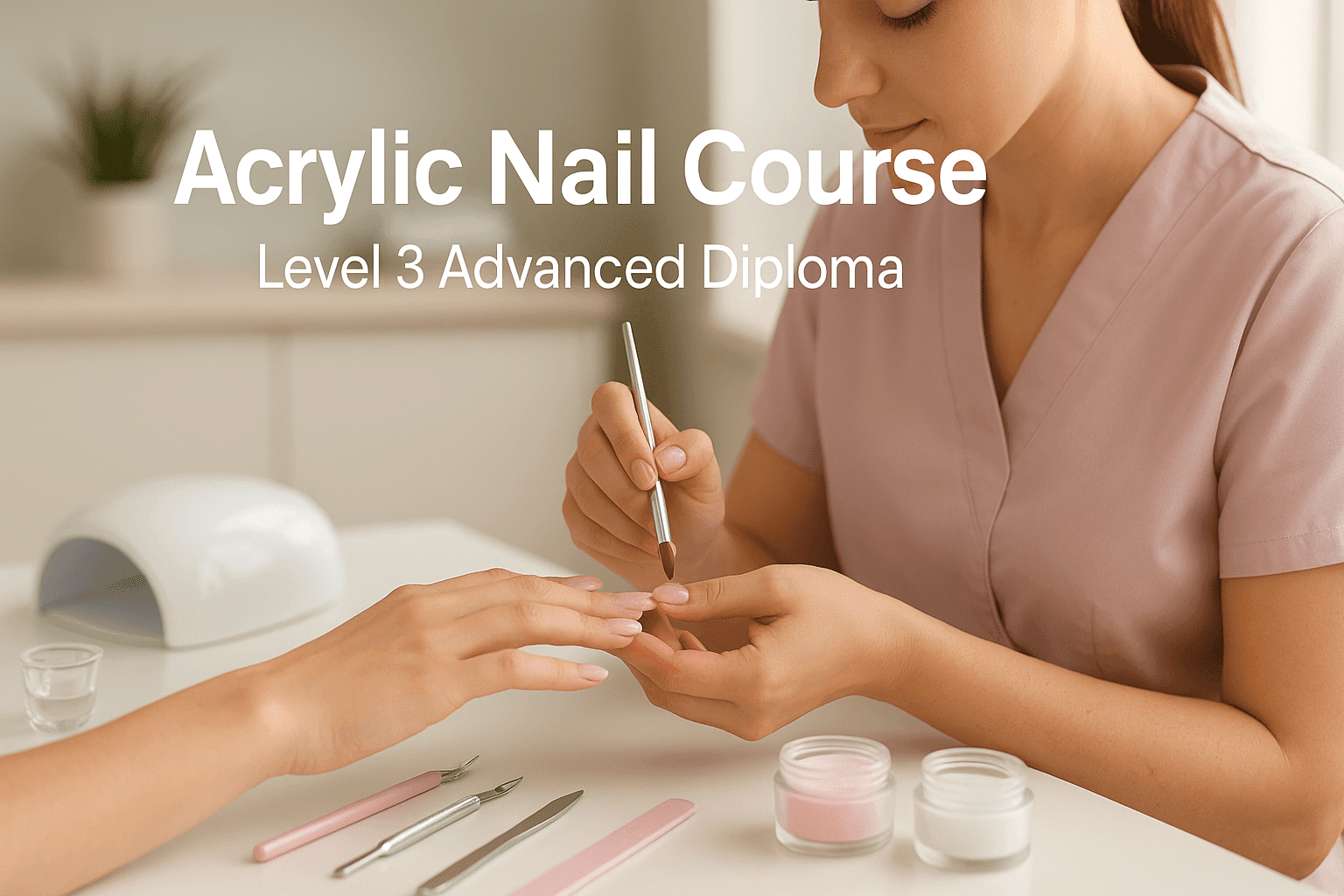 Acrylic Nail Course Level 3 Advanced Diploma showing nail technician applying acrylic overlay.