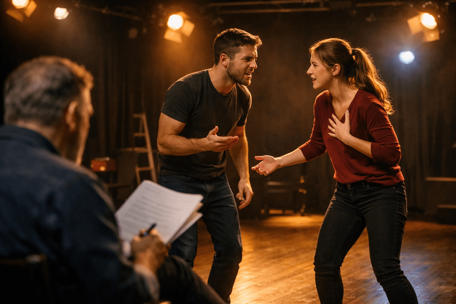 Student performing on stage during acting fundamentals dramatic performance training with lights, script and expressive body language