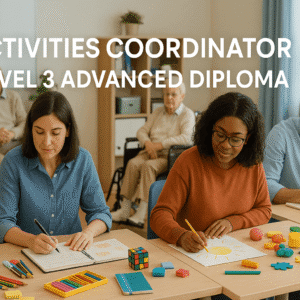 Adult learners practising activity coordination in a healthcare setting with care residents and creative tools.