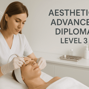 Aesthetic student performing a facial treatment in a modern skincare clinic, Aesthetics Advanced Diploma Level 3.