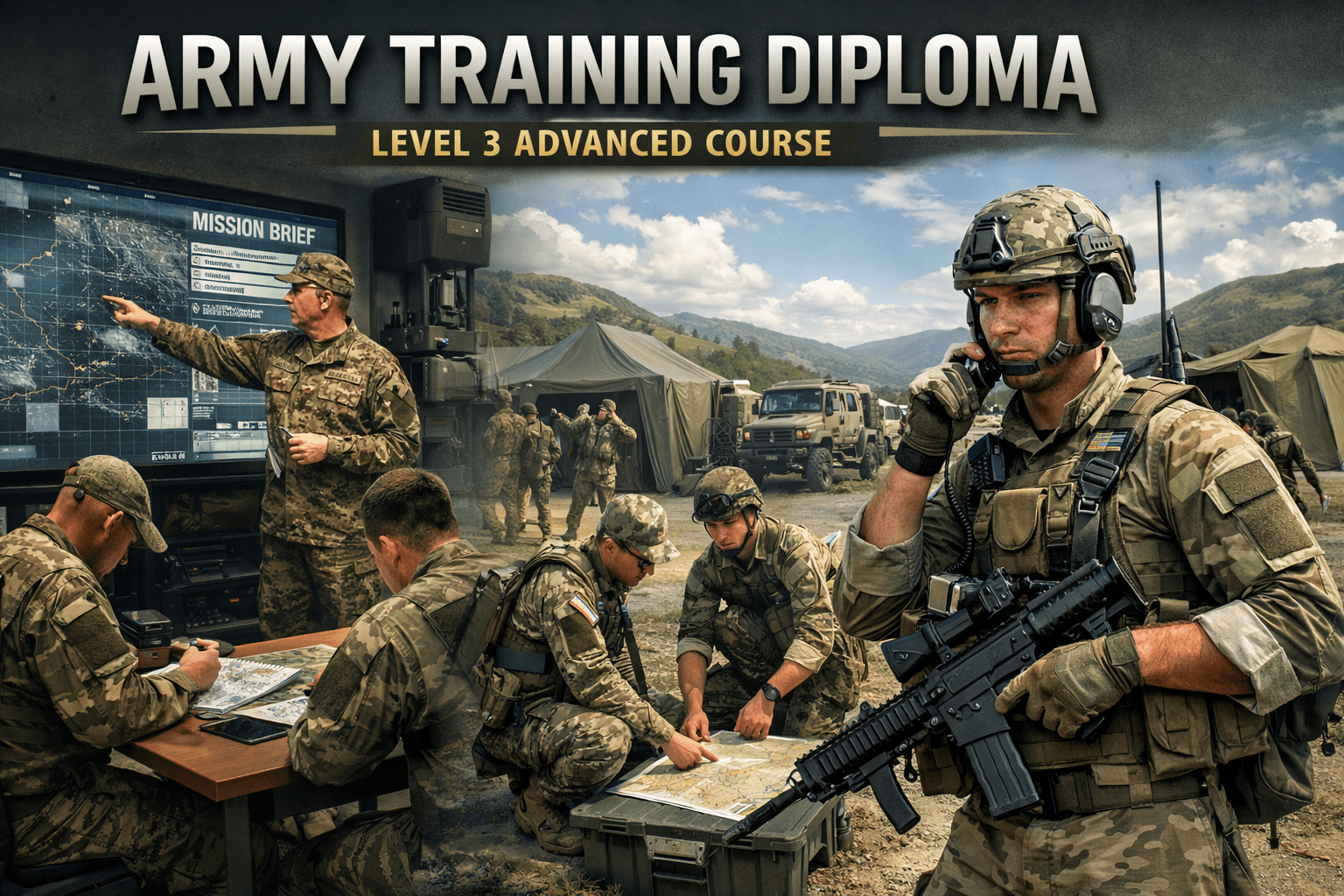 Army Training Diploma Level 3 students learning tactical leadership and military operations in a modern training environment