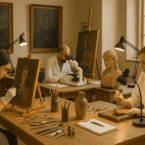 Students restoring paintings and artefacts in a conservation studio, studying for an art conservation diploma.