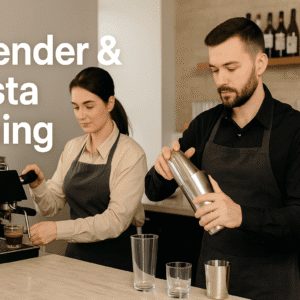 Professional bartender and barista preparing drinks behind a modern UK café bar