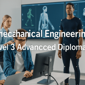 Biomechanical Engineering students analysing human motion and mechanical models in a modern engineering lab.