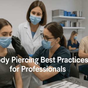 Body piercing best practices training showing professionals learning safe and hygienic techniques