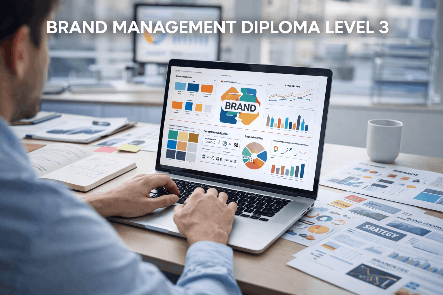 brand management diploma showing a marketing professional planning brand strategy with logos, charts and digital screens
