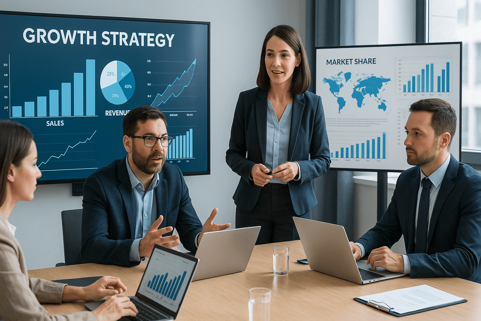 Business Development Diploma students planning market strategies and analysing growth data in a professional training environment.