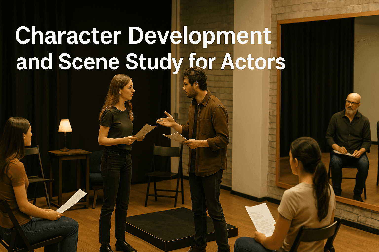 Actors practising character development and scene study techniques on stage with instructor guidance.