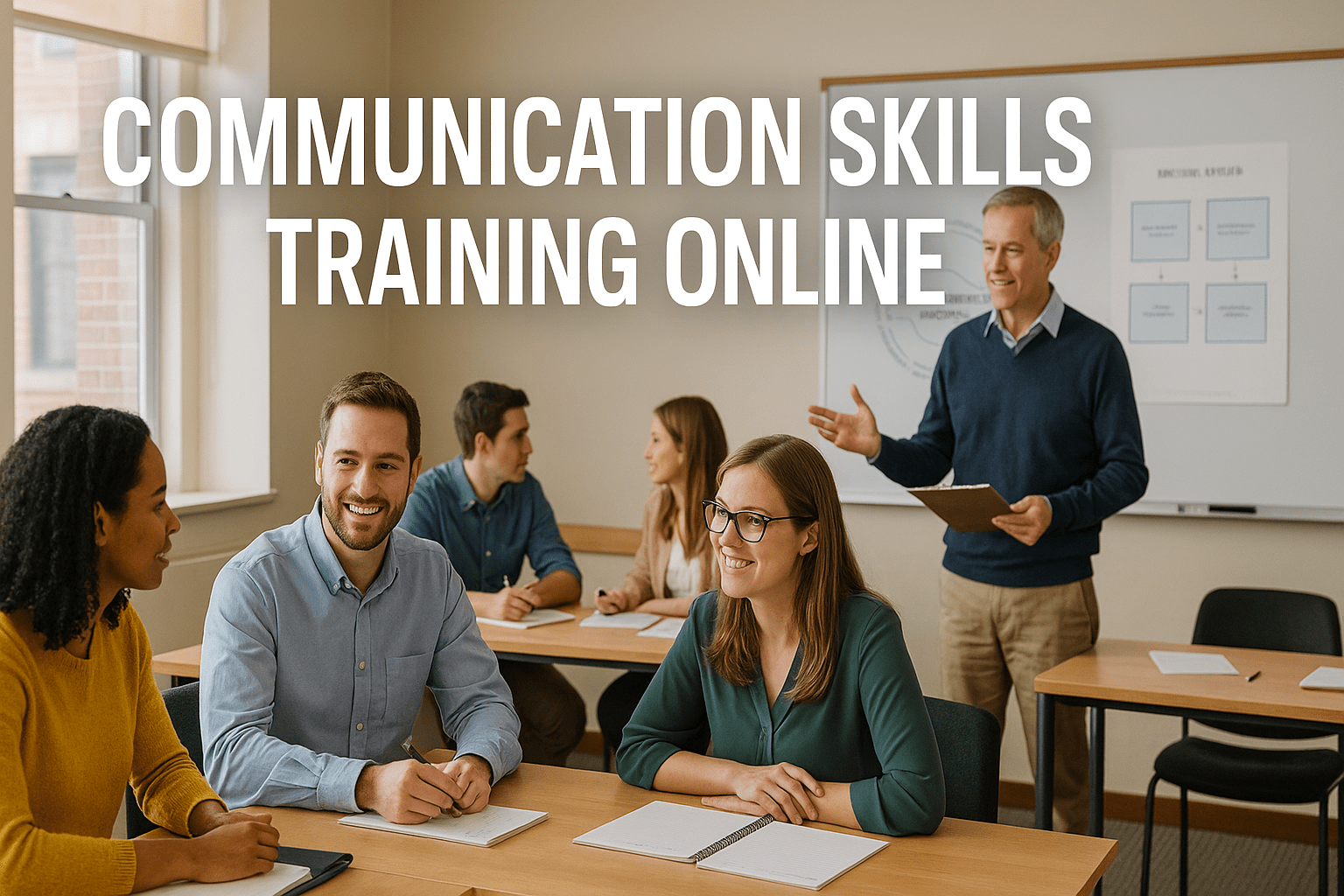 Adult learners in a UK classroom improving communication skills through interactive training.