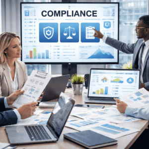 Professional learners studying compliance training with regulatory documents, risk charts and digital compliance dashboards in a modern office.