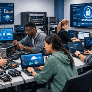 Student performing advanced repairs in a computer maintenance course with professional diagnostic equipment