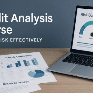 Credit analysis course banner showing financial documents, charts, ratios, and risk assessment tools on a clean desk.