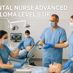 Adult learners practising dental radiography and chairside skills in a modern UK training clinic for a dental nurse advanced diploma.