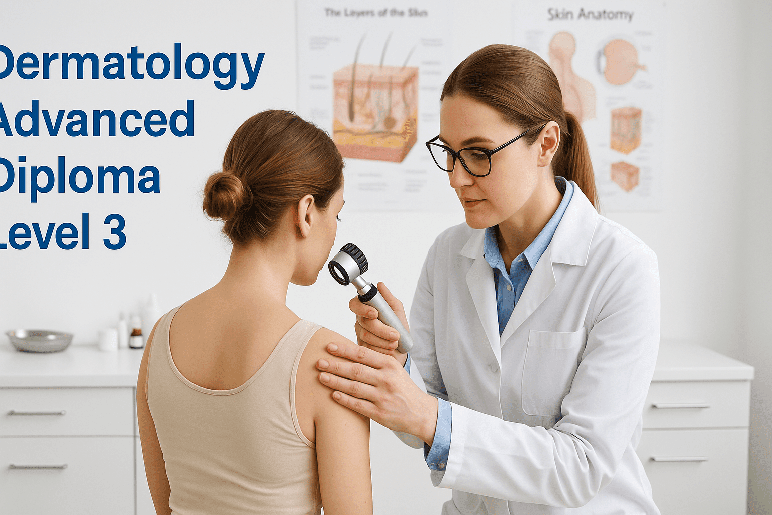 Dermatologist examining patient’s skin using dermatoscope – Dermatology Advanced Diploma Level 3