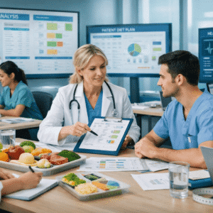 Students and professionals studying clinical nutrition and patient care in a dietitian diploma Level 3 training environment