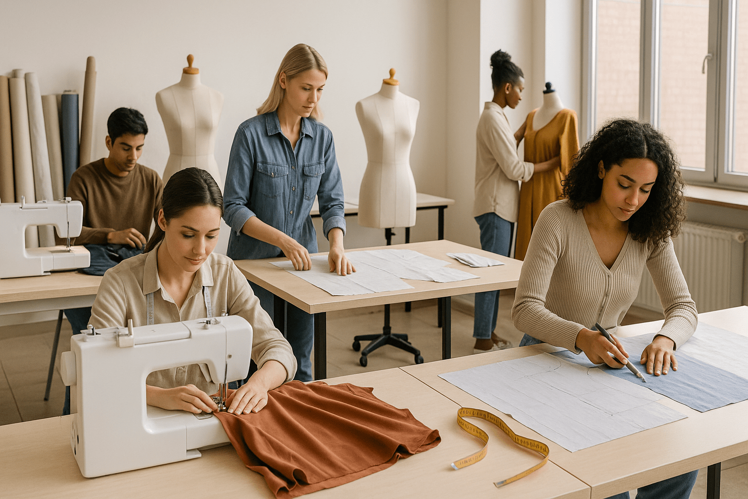 Students practising couture sewing and fabric cutting during Dressmaking Course Level 3 Advanced Diploma workshop.