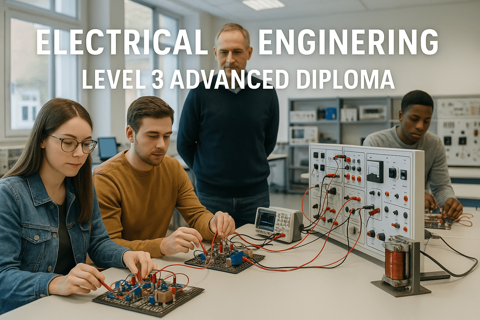 Students wiring circuits and analysing control panels during Electrical Engineering Diploma Level 3 practical training.
