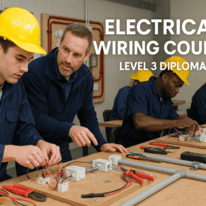Trainee electricians working on circuits and wiring boards in a practical Electrical Wiring Course (Level 3 Diploma) classroom.