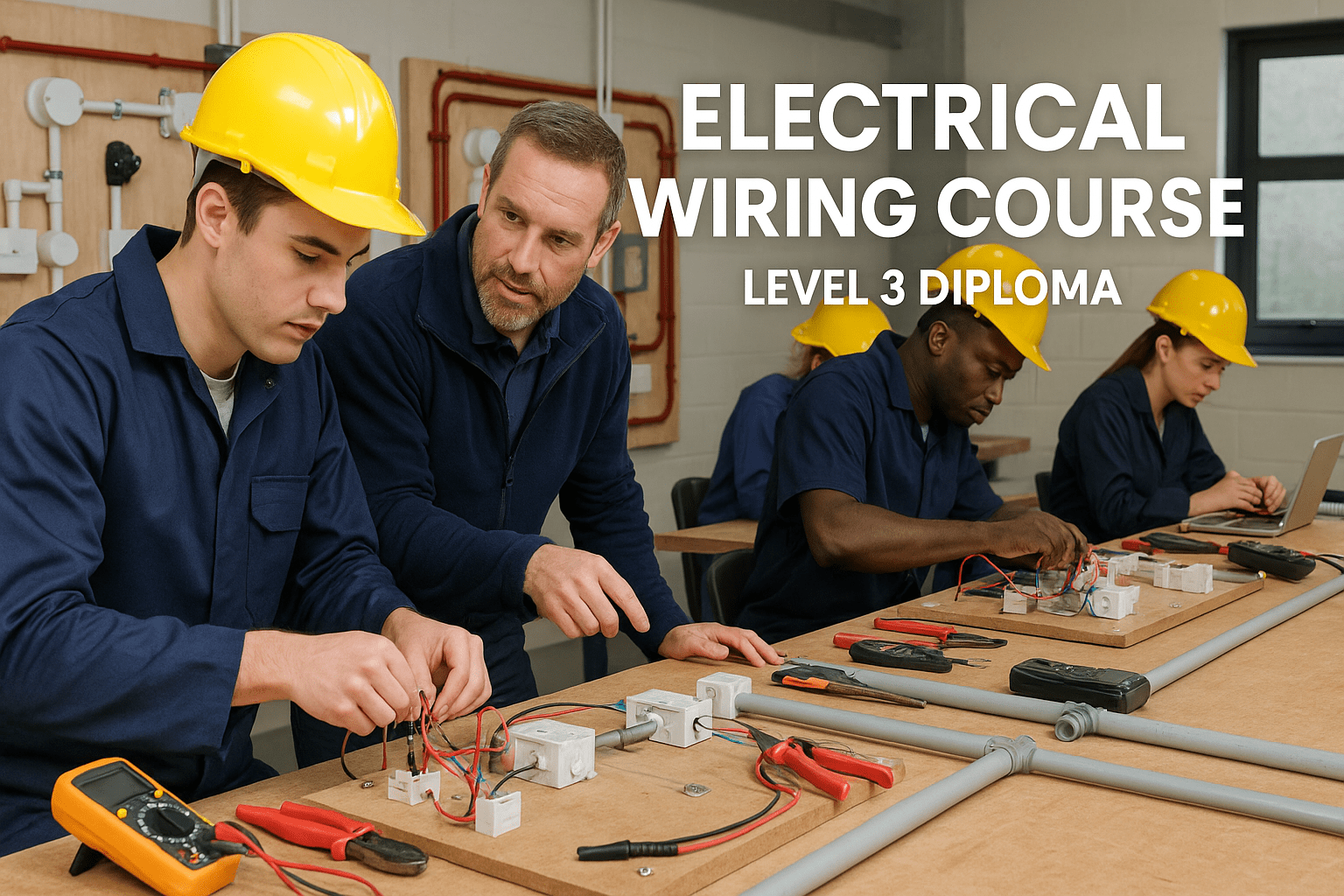 Trainee electricians working on circuits and wiring boards in a practical Electrical Wiring Course (Level 3 Diploma) classroom.