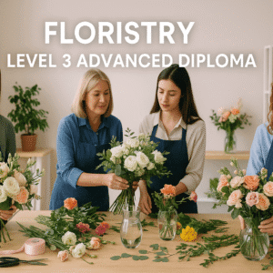 Students creating wedding floral arrangements during Floristry Advanced Diploma Level 3 training.