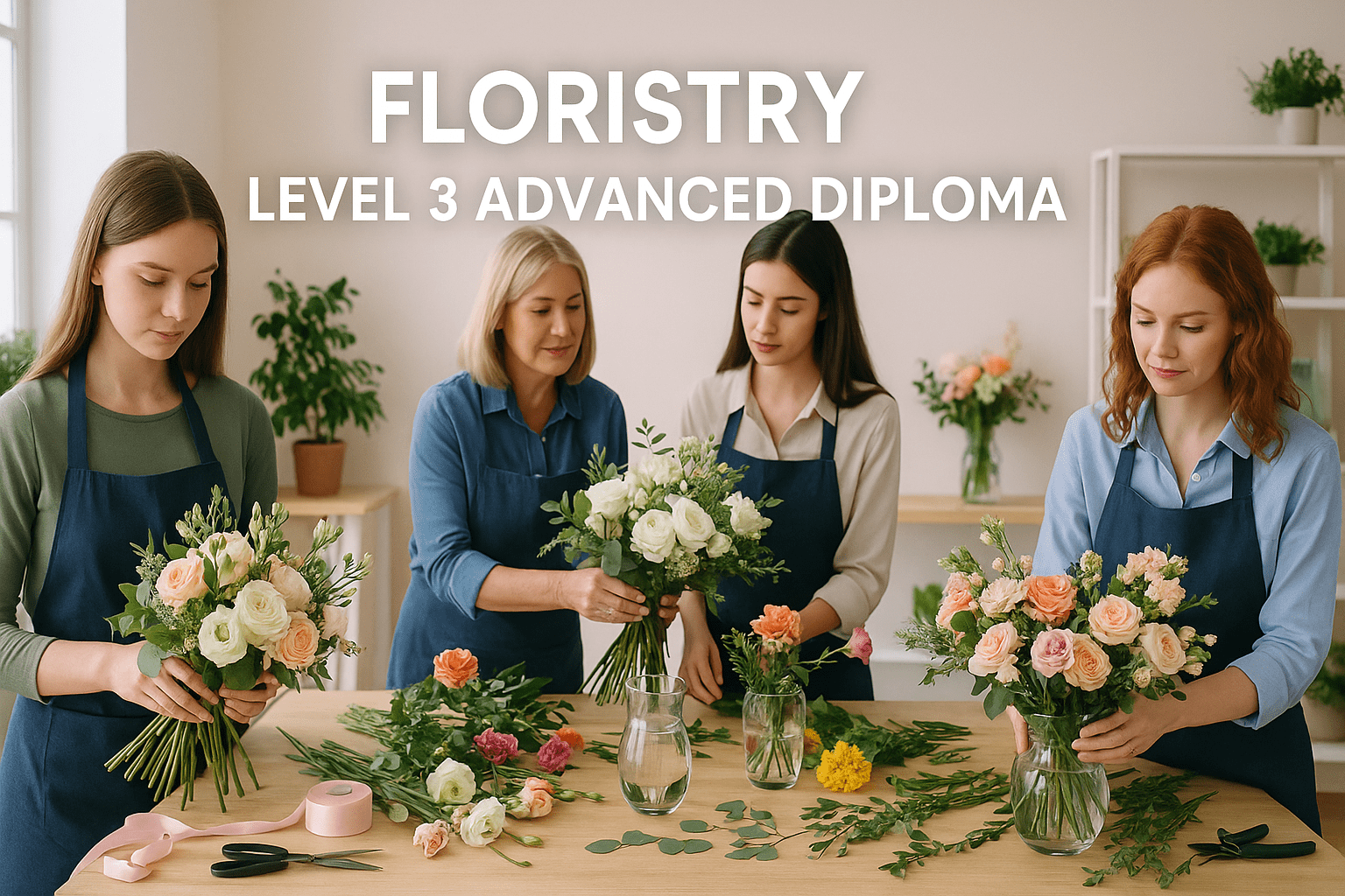 Students creating wedding floral arrangements during Floristry Advanced Diploma Level 3 training.