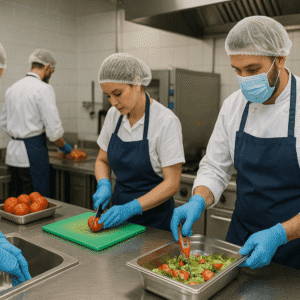 Food hygiene and safety Level 2 training showing staff practising safe food handling in a clean kitchen.