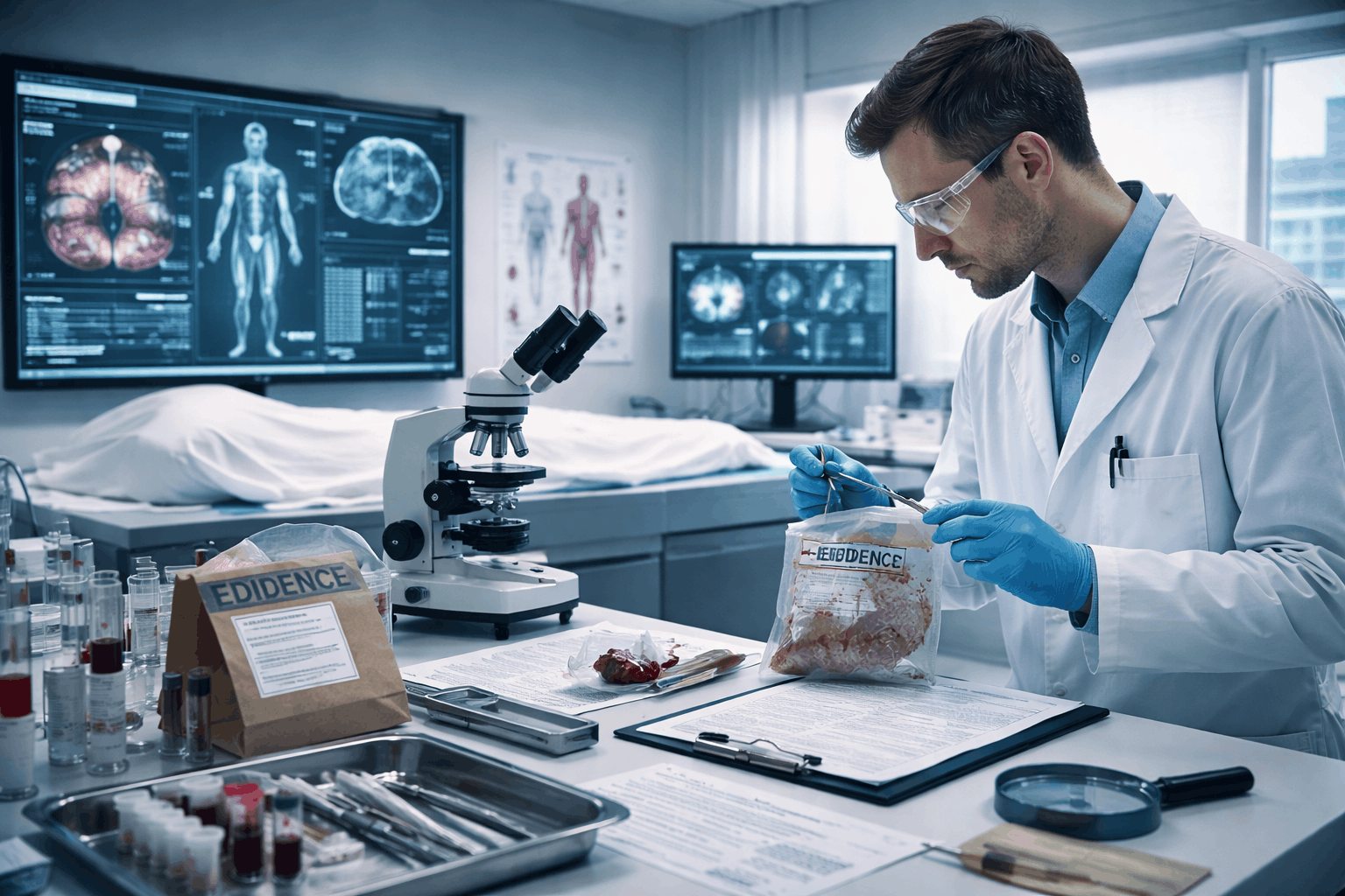 Forensic Pathology Diploma showing a forensic scientist examining evidence in a medical laboratory during an autopsy investigation