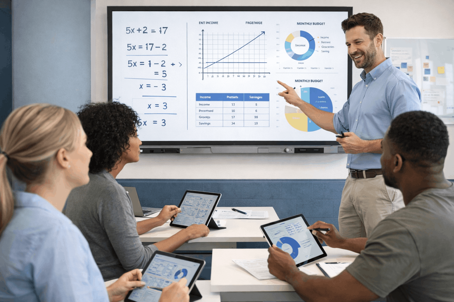 Functional Skills Math Level 3 training showing students solving real-world maths problems on a digital whiteboard