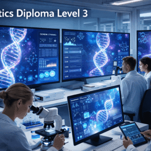 Genetics Diploma Level 3 showing DNA strands, genome data and scientists working in a modern genetics laboratory