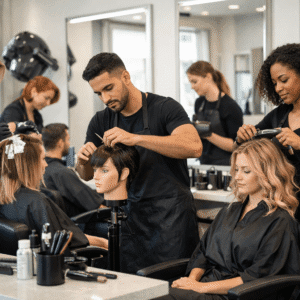 Hairdressing Level 3 Advanced Diploma students practising advanced cutting and styling techniques in a modern salon