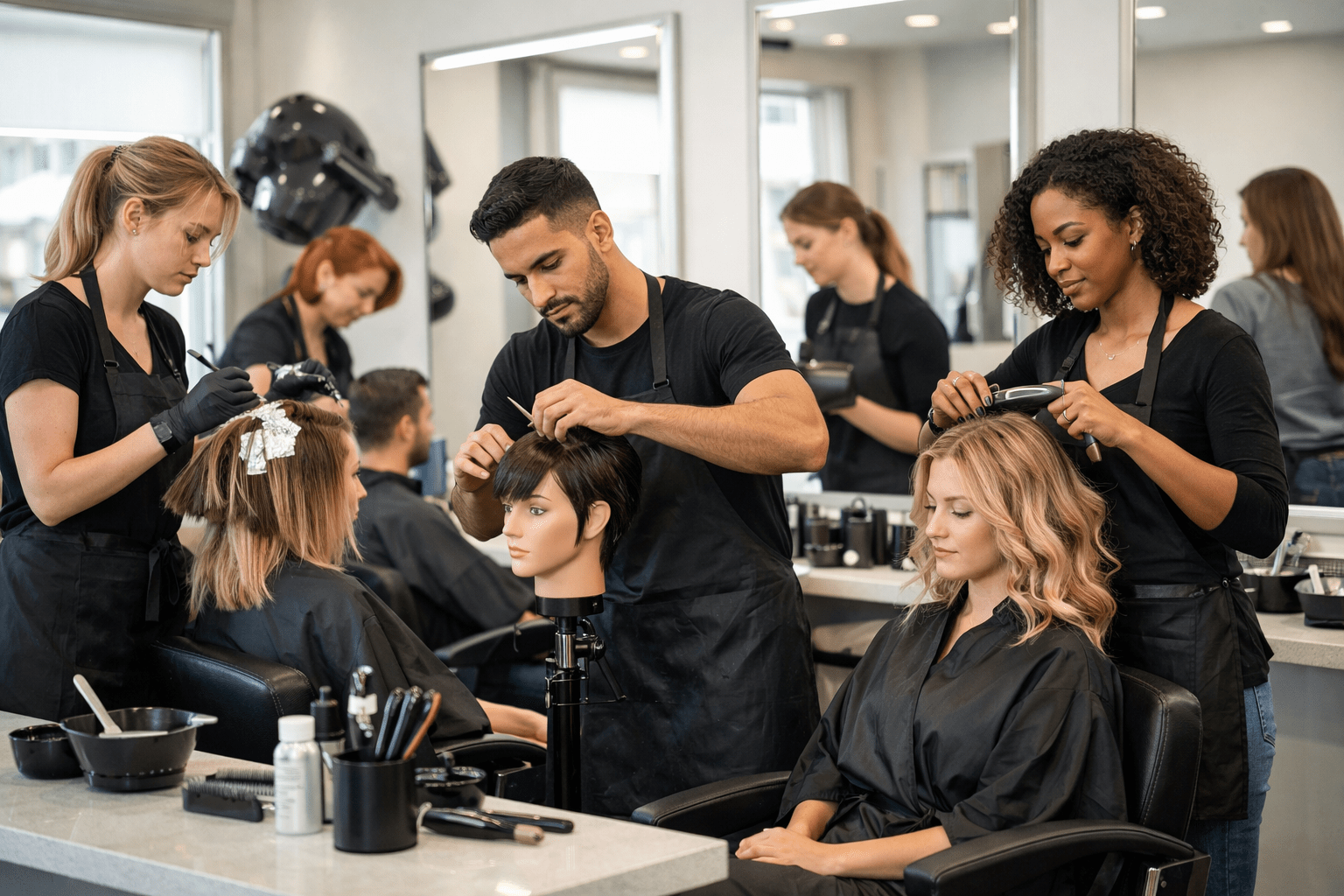 Hairdressing Level 3 Advanced Diploma students practising advanced cutting and styling techniques in a modern salon