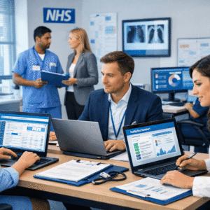 Healthcare management diploma Level 3 showing medical administrators working with digital records in a modern UK healthcare office