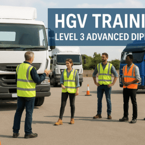 Trainee drivers practising HGV training in a UK yard with large trucks, instructor guidance, and safety gear.