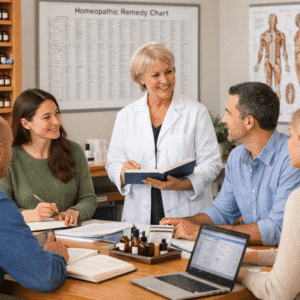 Students studying homeopathy diploma in a modern training clinic with remedy charts and learning materials
