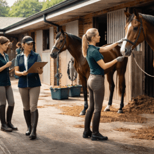 Horse Care Diploma Level 3 students caring for horses in a professional equestrian training yard
