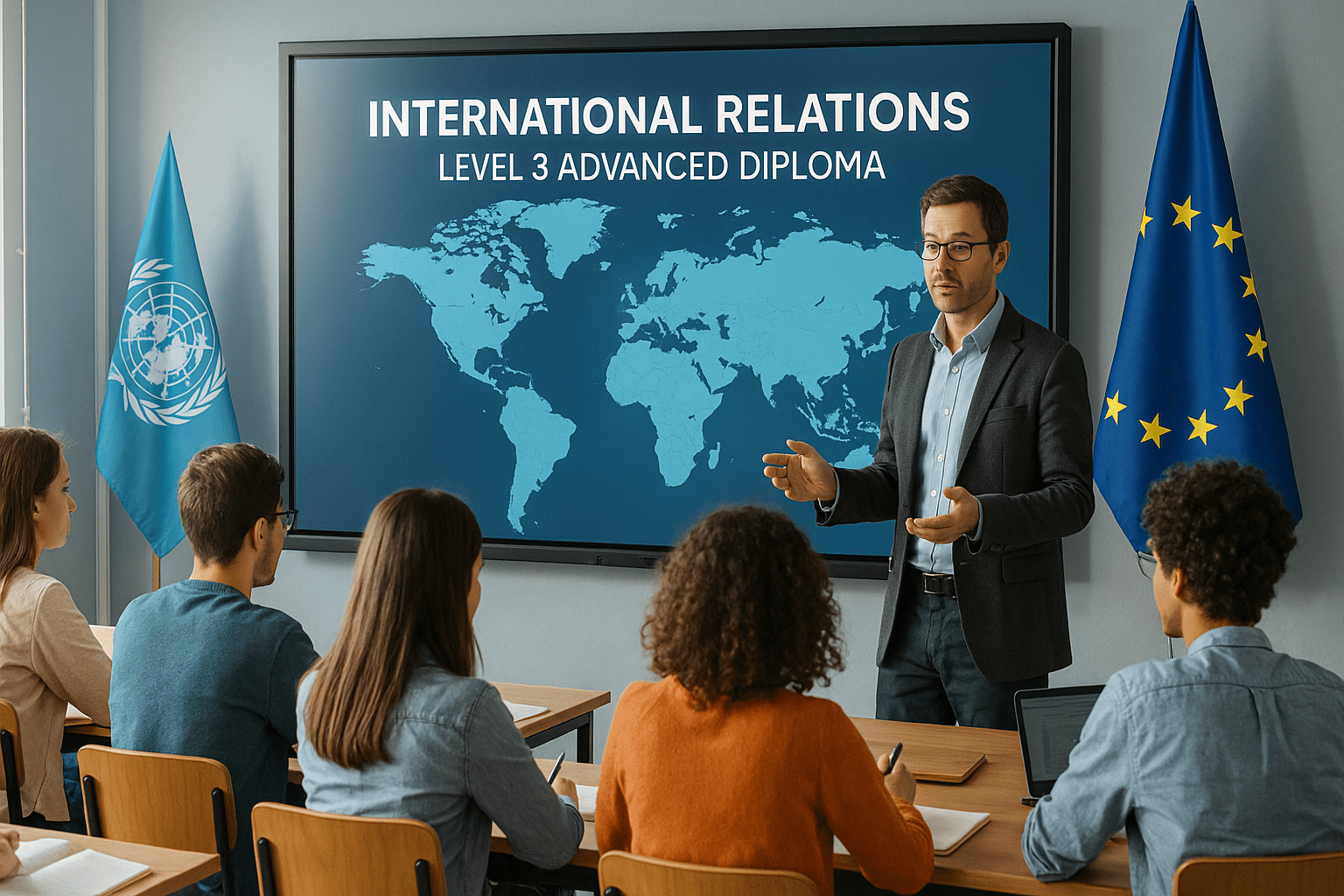Students studying international relations diploma Level 3 with global map and flags in background