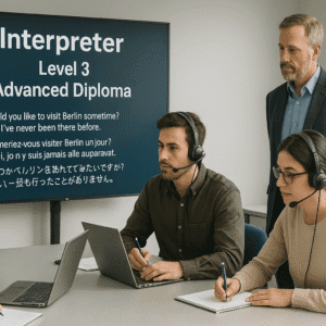 Interpreter training class practising simultaneous and consecutive interpretation techniques.