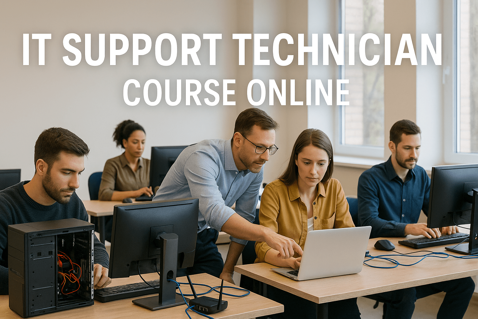 Professional IT Support Technician training in the UK showing learners configuring computers.