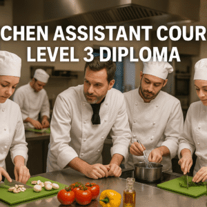 Kitchen Assistant Course Level 3 Diploma showing chef training in a modern professional kitchen.