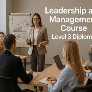 Professionals in a UK training room learning leadership and management strategy through teamwork and presentations.