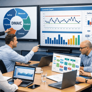 Lean Six Sigma Black Belt professionals analysing process data and improvement charts in a modern business training environment