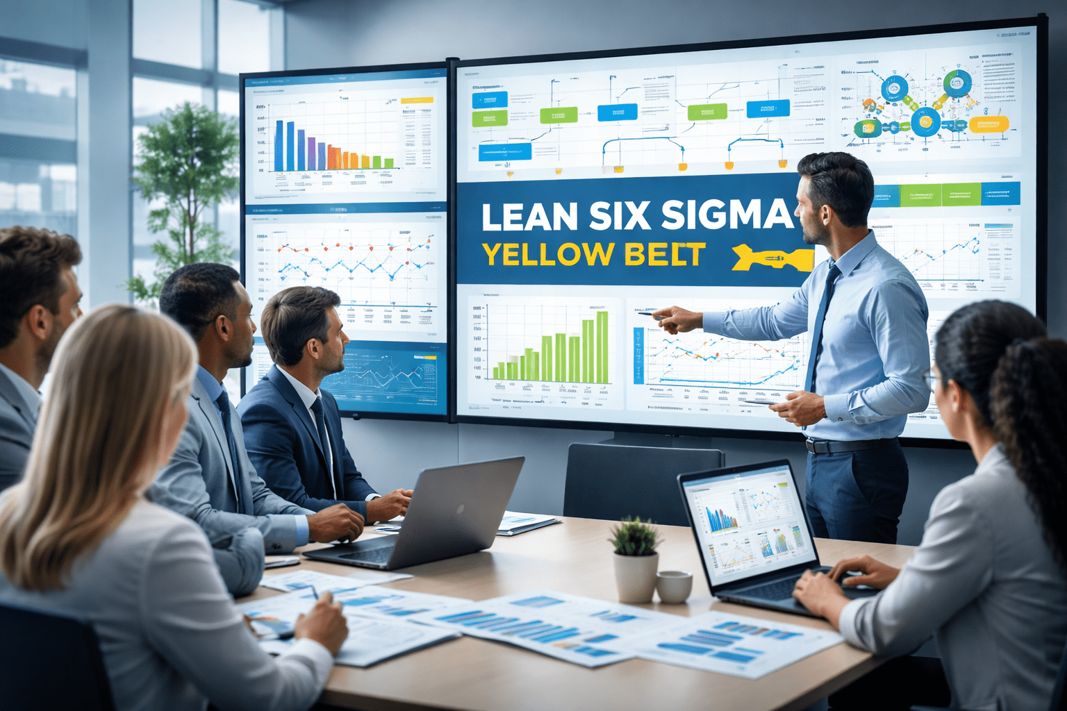 Lean Six Sigma Yellow Belt training showing professionals using quality tools to analyse and improve business processes