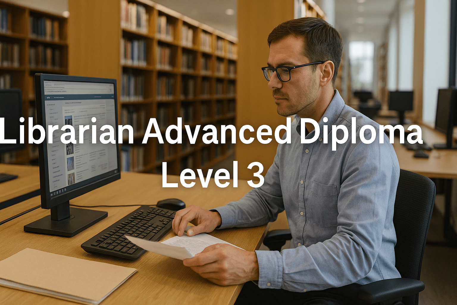Professional librarian managing digital and physical archives in a modern library while studying for a librarian advanced diploma.