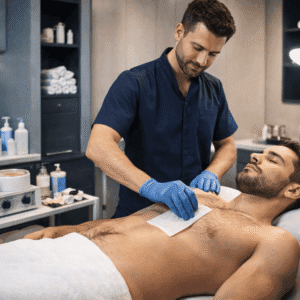 Male Waxing Diploma training showing a professional therapist performing waxing in a clean, modern grooming studio