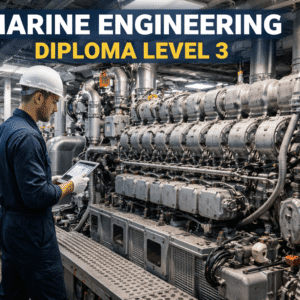 Marine Engineering Diploma Level 3 showing a marine engineer working on ship engines and propulsion systems onboard