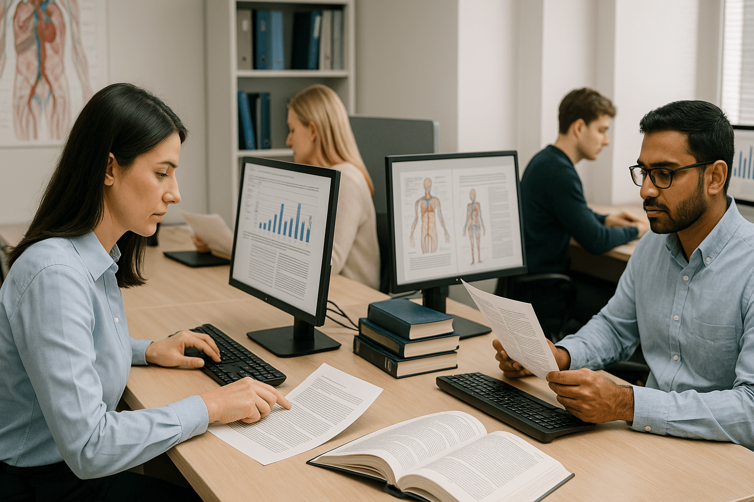 Medical Writing Level 3 Diploma students preparing scientific and regulatory documents in a professional workspace.