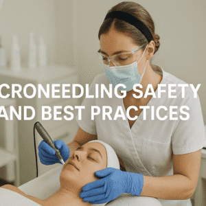 Professional demonstrating microneedling safety practices in a modern skincare clinic with clean tools and PPE.
