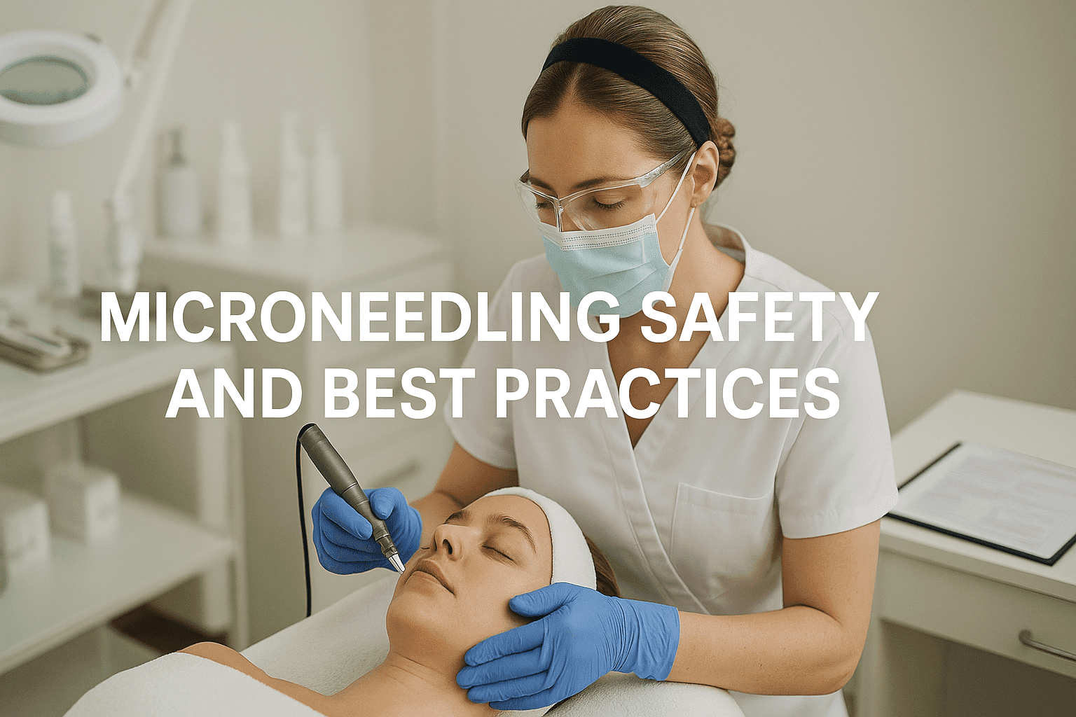 Professional demonstrating microneedling safety practices in a modern skincare clinic with clean tools and PPE.