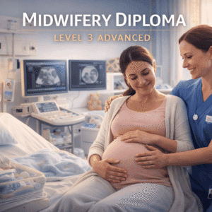 Midwifery Diploma Level 3 showing a professional midwife supporting a pregnant woman in a clinical maternity setting
