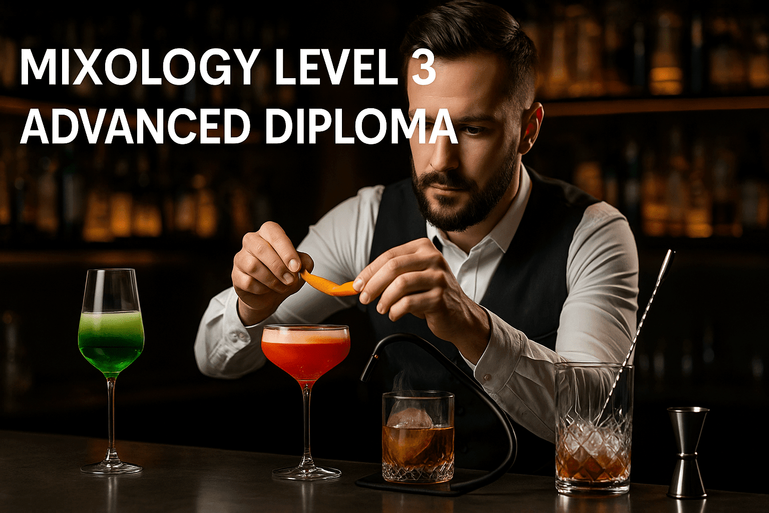 bartender practising mixology techniques with cocktails and bar tools – mixology course